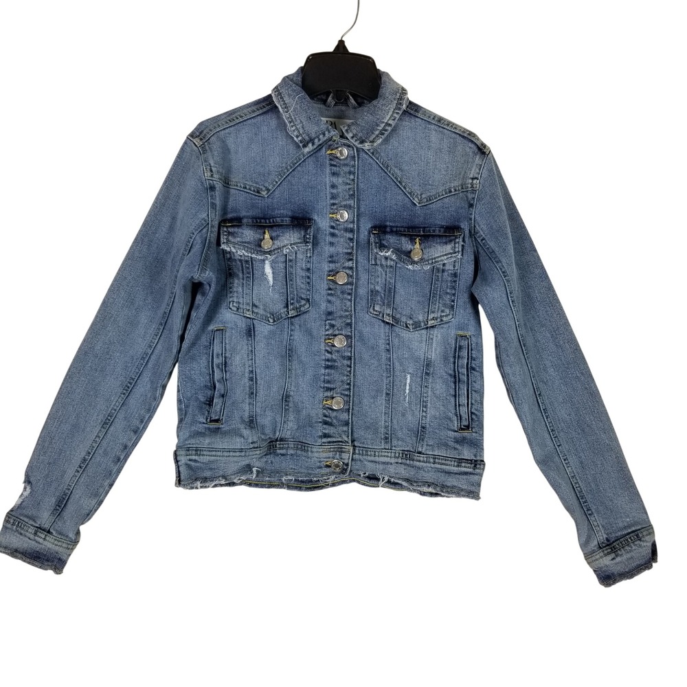 Zara Denim Jacket Women Medium Blue Distressed Frayed Hem Western Button Up
